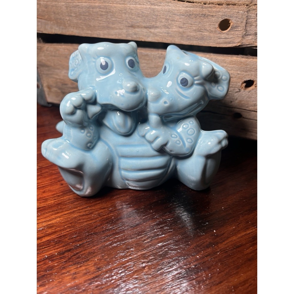Twin Dinosaurs Planter‎ Vase Two Dragons Vintage Blue Ceramic Turquoise Vase
